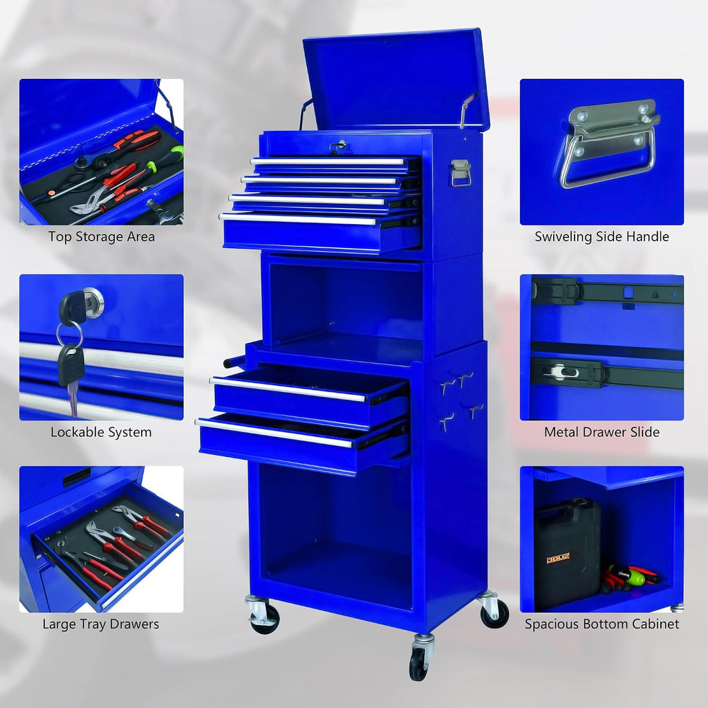 6-Drawer Tool Chest, 3-in-1 Rolling Tool Box with Detachable Top Toolbox & Key Lock,Tool Cabinet with Protective Liner & Universal Lockable Wheels,Metal Storage Cart for Garage,Workshop (Blue)