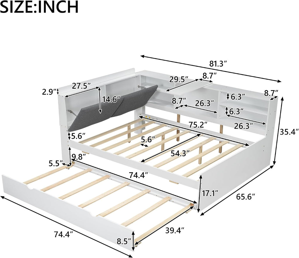 Merax Corner Full Bed Frame, Wood Platform Bed with Storage Headboard, Full Size Daybed with Trundle and Rotatable Storage Board for Living Room,Bedroom,Guest Room,White