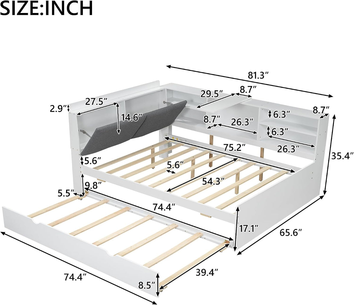 Merax Corner Full Bed Frame, Wood Platform Bed with Storage Headboard, Full Size Daybed with Trundle and Rotatable Storage Board for Living Room,Bedroom,Guest Room,White