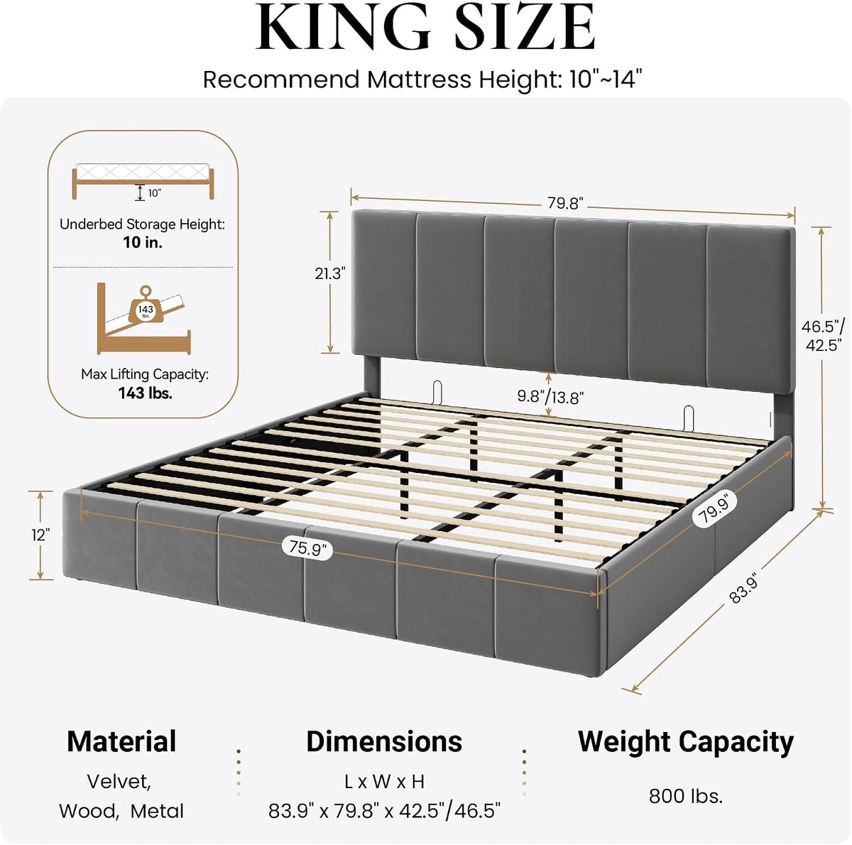 SHA CERLIN King Size Lift Up Storage Bed Frame, Adjustable Headboard, Hydraulic Support, Velvet Upholstered, Easy Installation, No Box Spring Needed, Gray