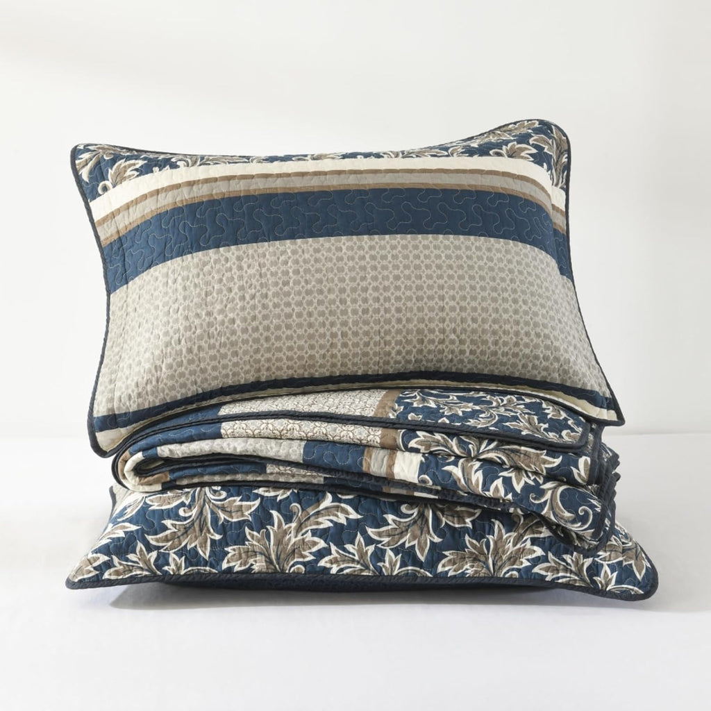Uniclinens 100% Cotton Quilts Queen Size, Lightweight Botanical Striped Queen Quilt Bedding Set, Vintage Chic Reversible Quilted Bedspreads Coverlet Set, All Season, 3 Pieces, Navy Blue/Gray/Kharki
