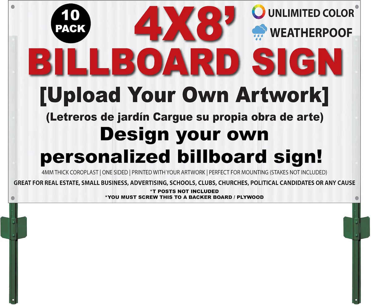Custom + Personalized Large Yard Sign, 96 x 48 inch (8ft x 4ft), Outdoor, Weatherproof Corrugated Plastic, Multiple Pack Selection (10)