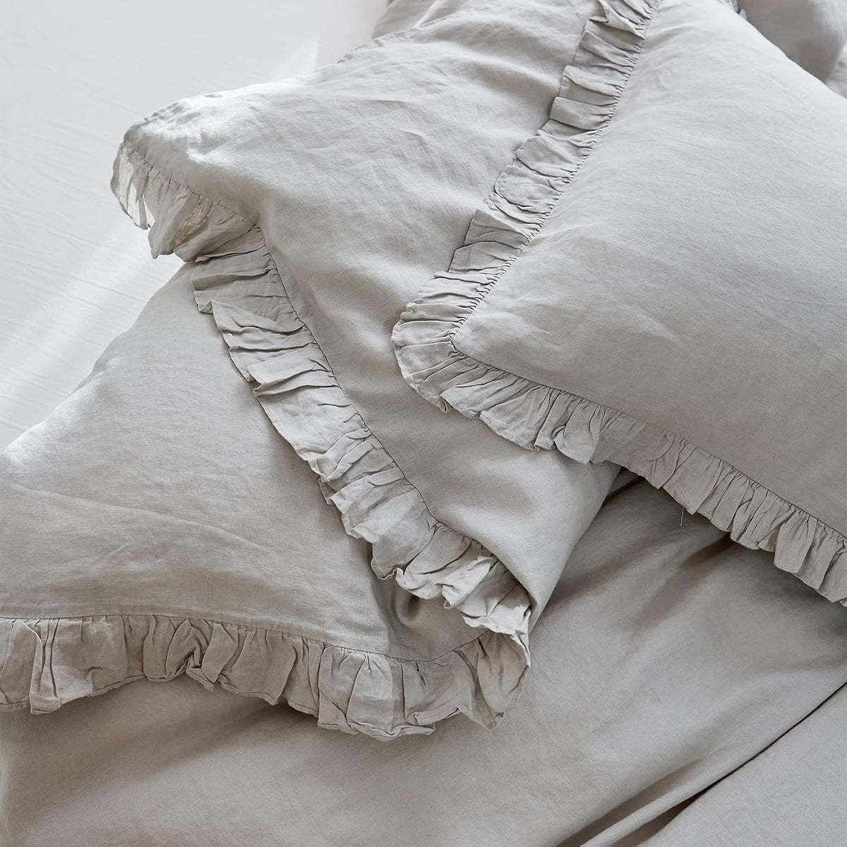 Simple&Opulence 100% Linen Duvet Cover Set, Natural French Flax Light Grey Ruffle Duvet Cover Twin Size, Breathable Comfy Linen Bedding Comforter Cover with 1 Pillowcase (Light Grey, 68' x 86')