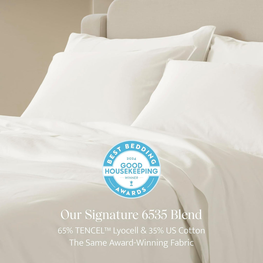 Double Stitch Cotton Tencel Duvet Cover - Queen Size Comforter Cover, Luxury & Soft Eucalyptus Lyocell Bedding Set for Hot Sleepers, Cooling, Smooth & Breathable, Button Closure, Cream, 90'x90'
