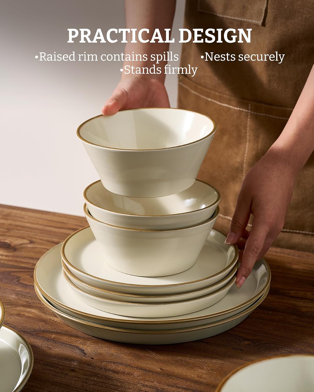 Famiware Saturn Stoneware Dinnerware Sets for 8 (24 Pieces), Ceramic Plates and Bowls Dish Sets with Hand-Painted Trim - Chip & Scratch Resistant, Microwave & Dishwasher Safe Tableware, Vanilla White