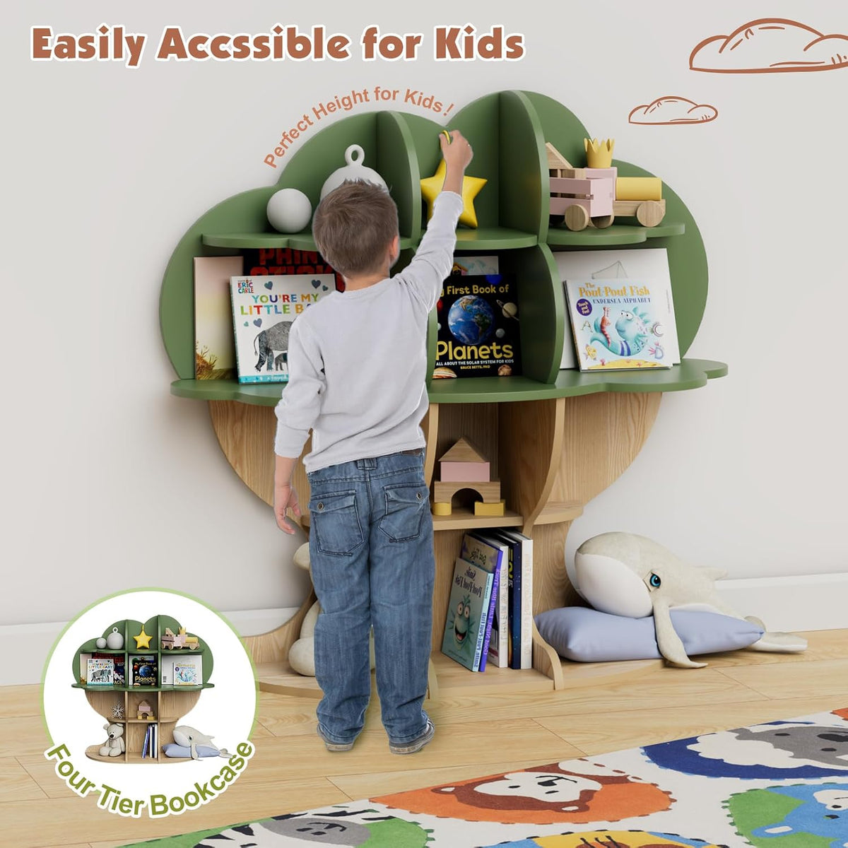 Green Tree Kids Bookshelf Toddler Bookcase 4-Tier Baby Book Rack Children Toy Storage Organizer Forest Wood Display Shelf for Nursery Playroom Bedroom Classroom School Homeschooling Boy Girl's Gift