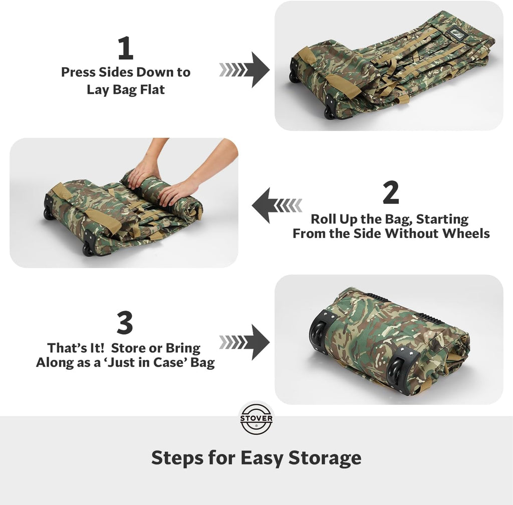 STOVER 45/80/100L Rolling Duffel Bag with Wheels, X-Large Durable Travel Duffle + Toiletry Bag, Heavy Duty, Packable with Shoulder Straps- Use as Luggage or Backpack (Camouflage)