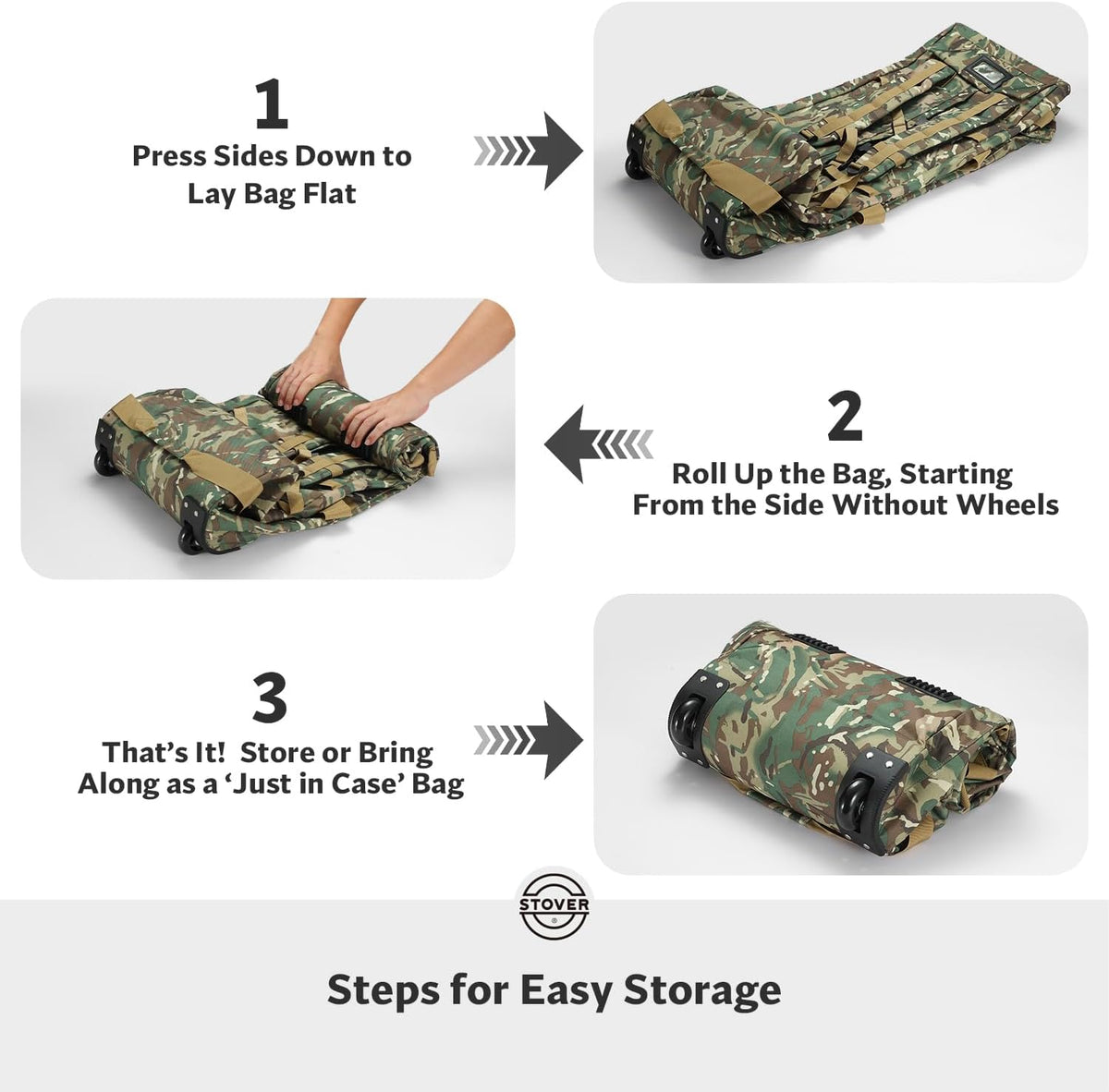 STOVER 45/80/100L Rolling Duffel Bag with Wheels, X-Large Durable Travel Duffle + Toiletry Bag, Heavy Duty, Packable with Shoulder Straps- Use as Luggage or Backpack (Camouflage)