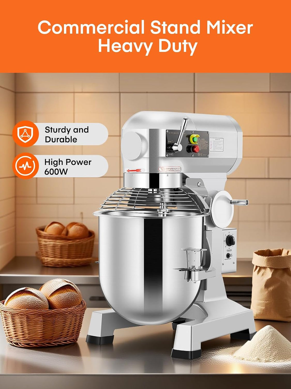Commercial Mixer, Commercial Food Mixer, Dough Mixer with Stainless Steel Bowl, 3 Speeds Adjustable and Safety Guard, Dough Hook Whisk Beater Included, Ideal for Bakery Pizzeria, NO for Home(30QT)