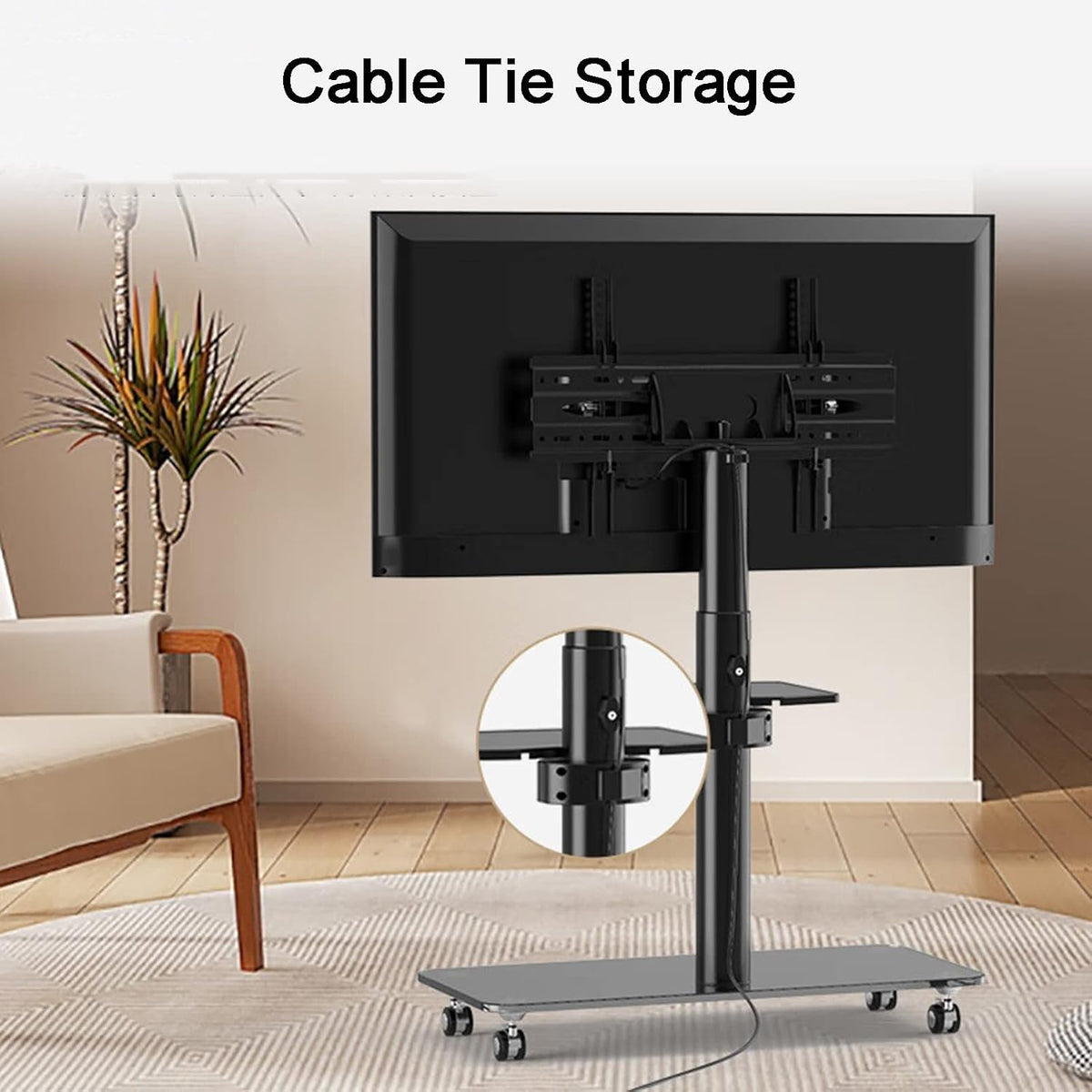 Mobile TV Stand with Wheels for 32-65 Inch TVs, Rolling TV Stand with Tempered Glass Base, Height Adjustable Portable Floor Stand