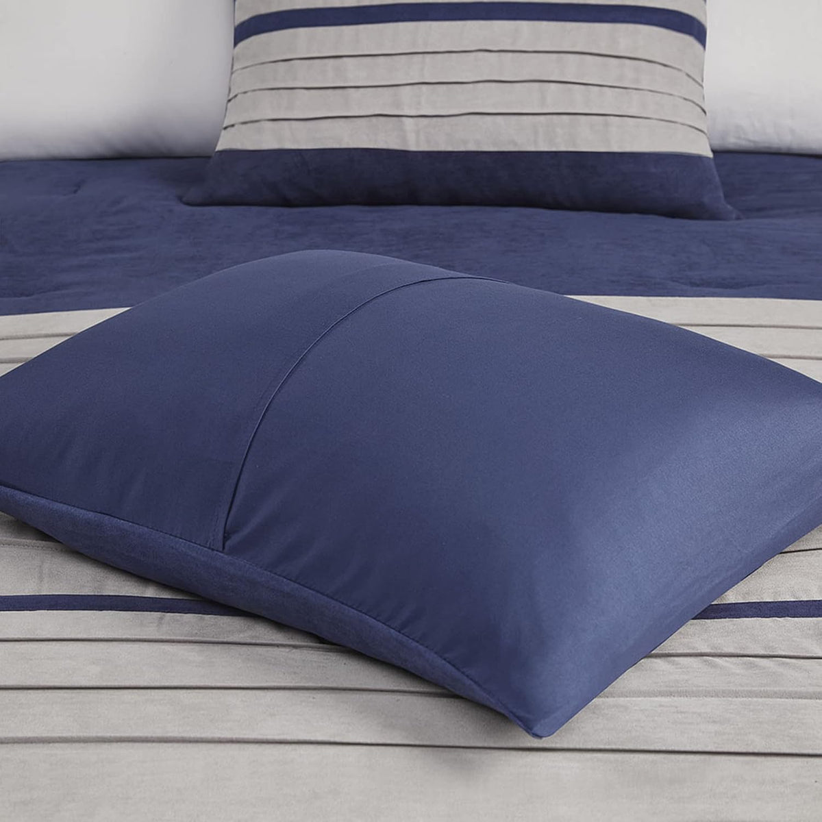Madison Park Palmer Comforter Set-Luxury Faux Suede Design, Striped Accent, All Season Down Alternative Bedding, Matching Shams, Decorative Pillow, Bed Skirt, King (104 in x 92 in), Blue 7 Piece