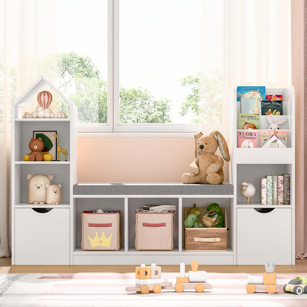 Befrases 55.12''Kids Bookshelf with Reading Nook, Toy Storage Organizer with Seat Cushion and 2 Movable Drawers, Kids Bookcase Toy Organizers with 7 Storage Cubbies, for Playroom, Bedroom, White