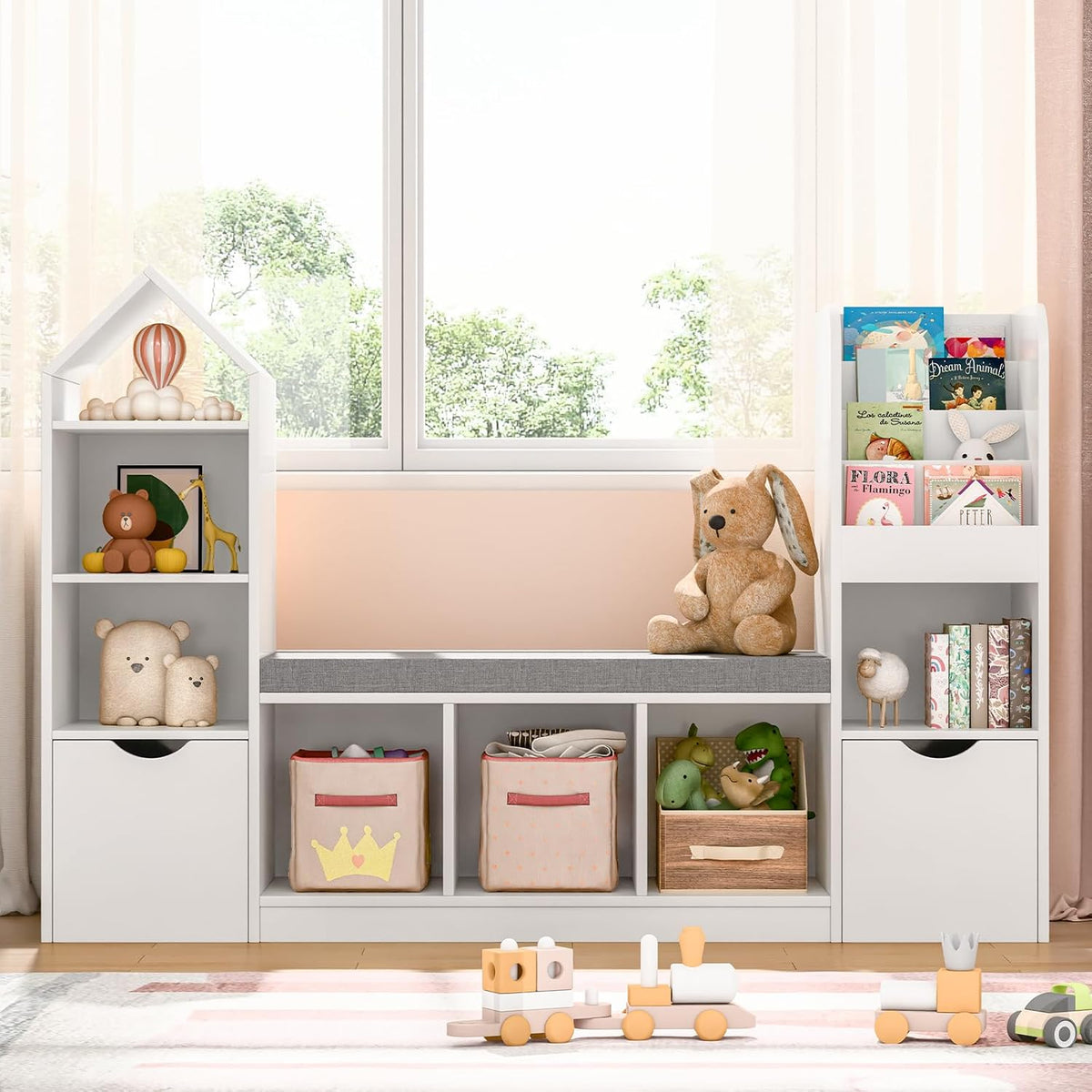 Befrases 55.12''Kids Bookshelf with Reading Nook, Toy Storage Organizer with Seat Cushion and 2 Movable Drawers, Kids Bookcase Toy Organizers with 7 Storage Cubbies, for Playroom, Bedroom, White