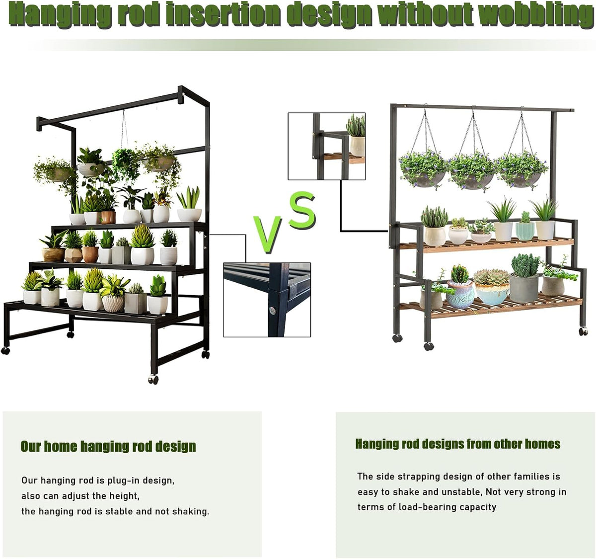 4Tier Sturdy Metal Plant Stand with Wheels, 47x24x65 Inch HighBlack Multiple Tiered Flower Display ，Heavy Duty Succulent Shelf for Home Indoor and Outdoor，Stair Shape，440 LBS Capacity (47in)