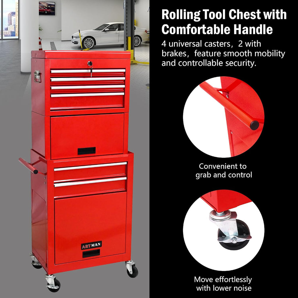 6-Drawer Tool Chest, 3-in-1 Rolling Tool Box with Detachable Top Toolbox & Key Lock,Tool Cabinet with Protective Liner & Universal Lockable Wheels,Metal Storage Cart for Garage,Workshop (Red)