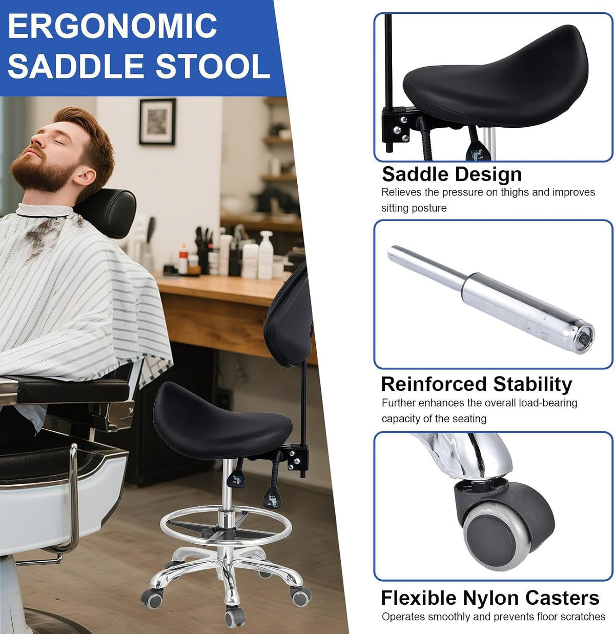 Upgraded Saddle Stool with Back Support, 400lbs Saddle Chair - Back Adjustable Salon Stool with Wheels and Footrest, Swivel, Widened Thick Seat Padding for Home Office Clinic Dentist(Black)