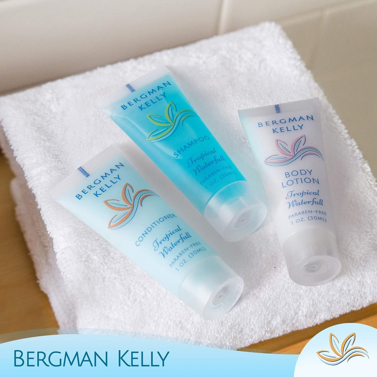 Bergman Kelly - Hotel Toiletries Bundle - Tropical Waterfall, 1 oz each, 18800 pcs - 4-Piece Set: Rectangular Bar Soap, Shampoo, Conditioner & Body Lotion (4700 each) - Bulk Mini Guest Amenities