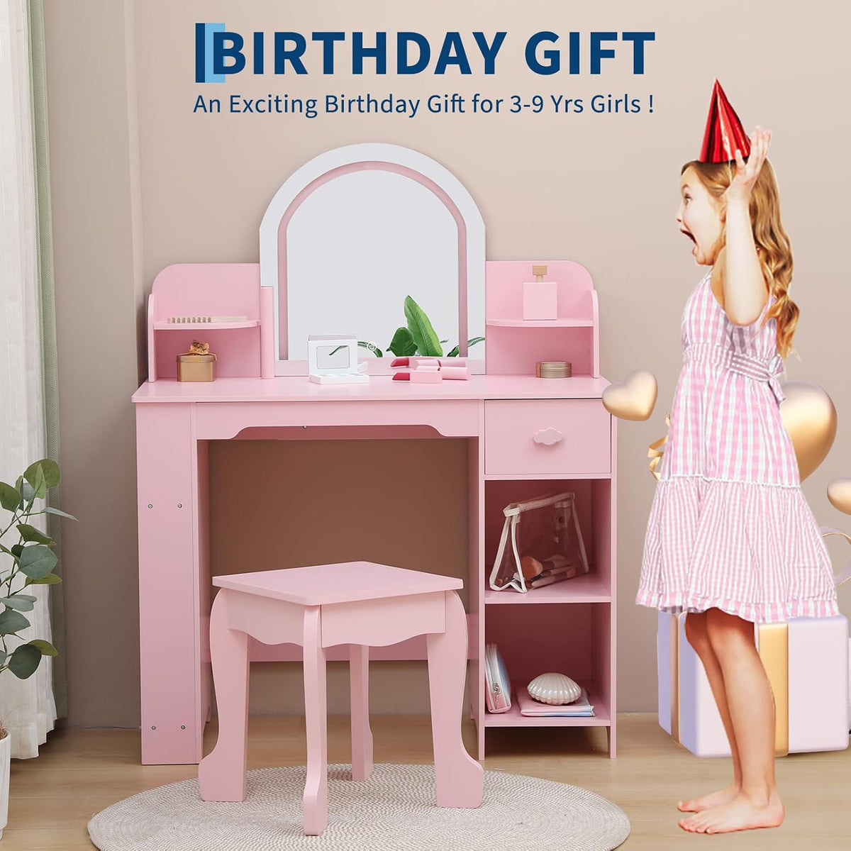 Garvee Kids Vanity with Lighted Mirror & Stool, Little Girls Vanity and Wooden Makeup Playset with Adjustable LED Light, Bookshelf, Storage Drawer & Shelves for Girls 3-9, Pink
