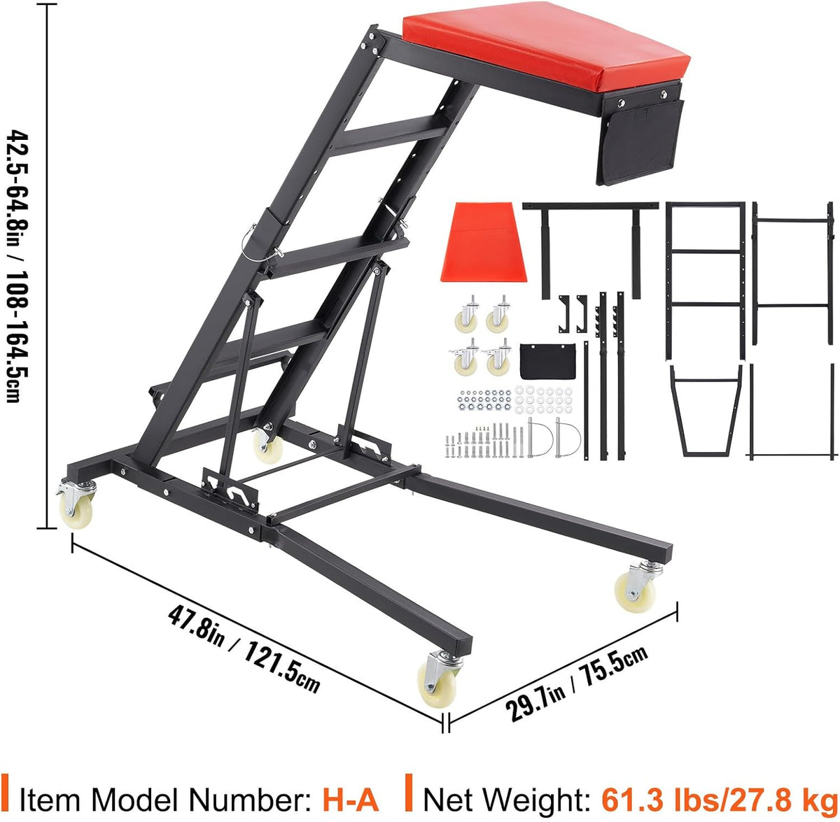 VEVOR Top Automotive Creeper, Engine Creeper 42.5'-64.8', 400 LBS Capacity High Top Creeper, 4 Swivel Caster Wheels, Padded Deck, Creeper for Home Garage, Workshop Repair Maintenance