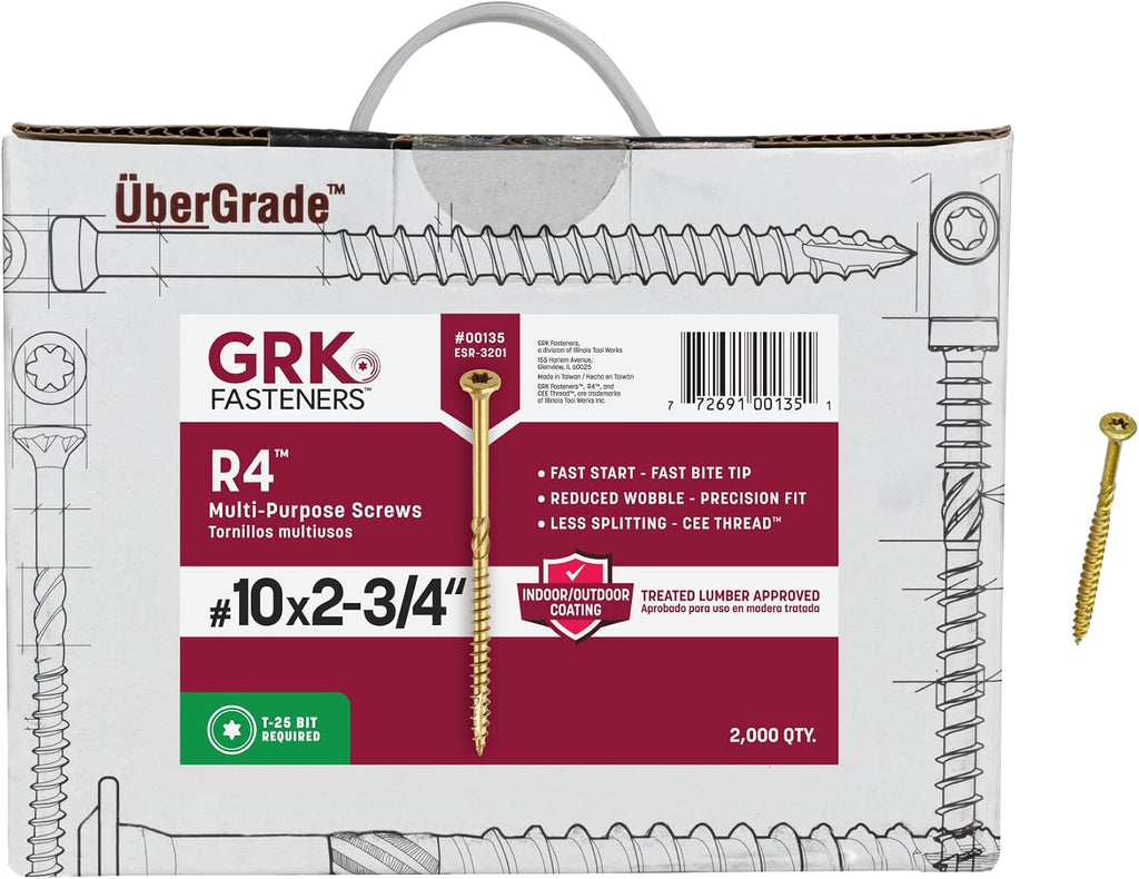 GRK Fasteners R4™ #10 x 2-3/4 Inch, Multi-Purpose Framing Screws, 2000 PCS, Rust Resistant Climatek™ Coating, Outdoor Fencing and Deck Screws, Fast Bite Tip, Star Drive Recess, Gold