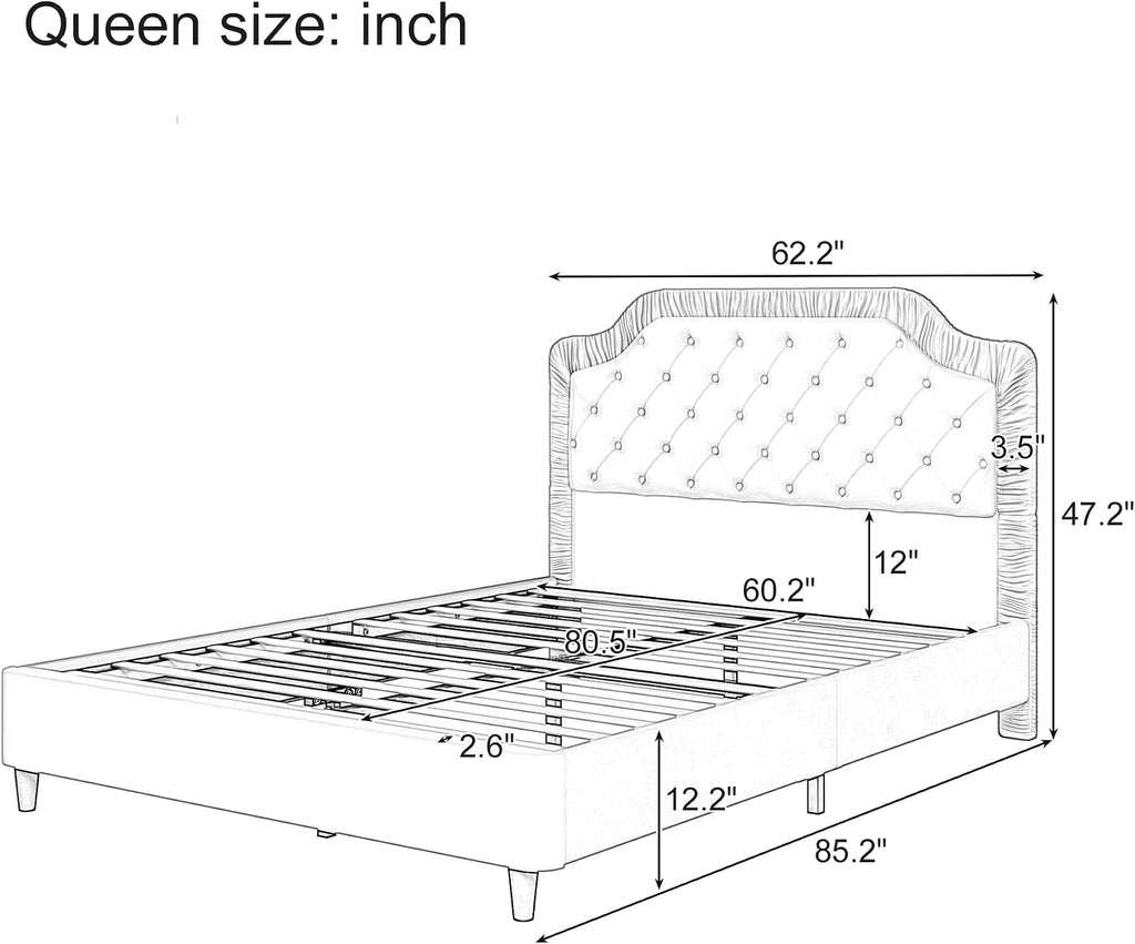 2-Pieces Bedroom Sets, Queen Size Tufted Velvet Upholstered Platform Bed with Storage Ottoman Bench for Kids Teens Adult Bedroom, Wood Slat Support, No Box Spring Needed (Gray-20c)