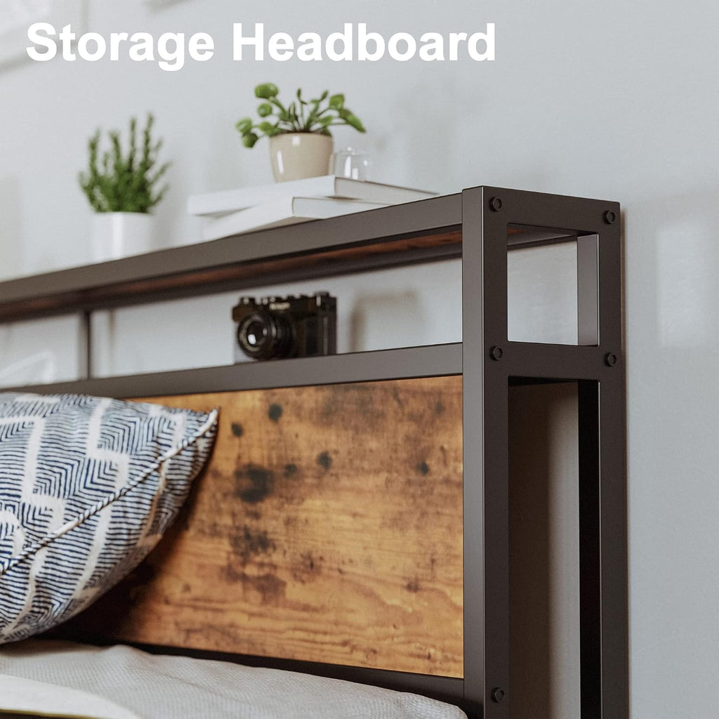 LIKIMIO King Size Bed Frame with 4 Storage Drawers, 2-Tier Storage Headboard with Charging Station, Double Bed Frame King Size for Bedroom, No Box Spring Needed, Easy Assembly, Vintage Brown