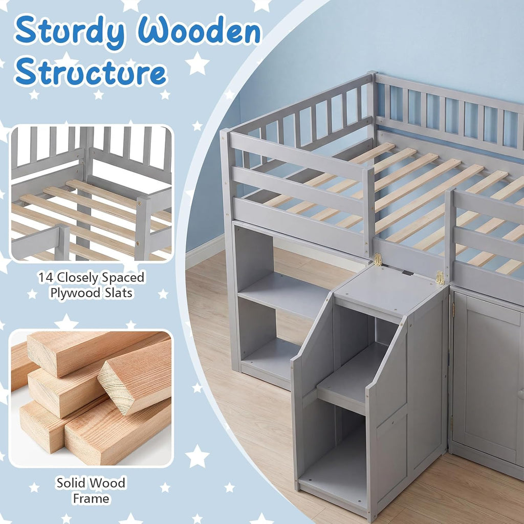Giantex Low Loft Bed Twin Size with LED Lights, Wooden Bed Frame w/Stairs, Safety Guardrails, Storage Cabinet, Bookshelf & Under-Bed Play Space, Modern Kids Loft Bed for Boys Girls (Grey)