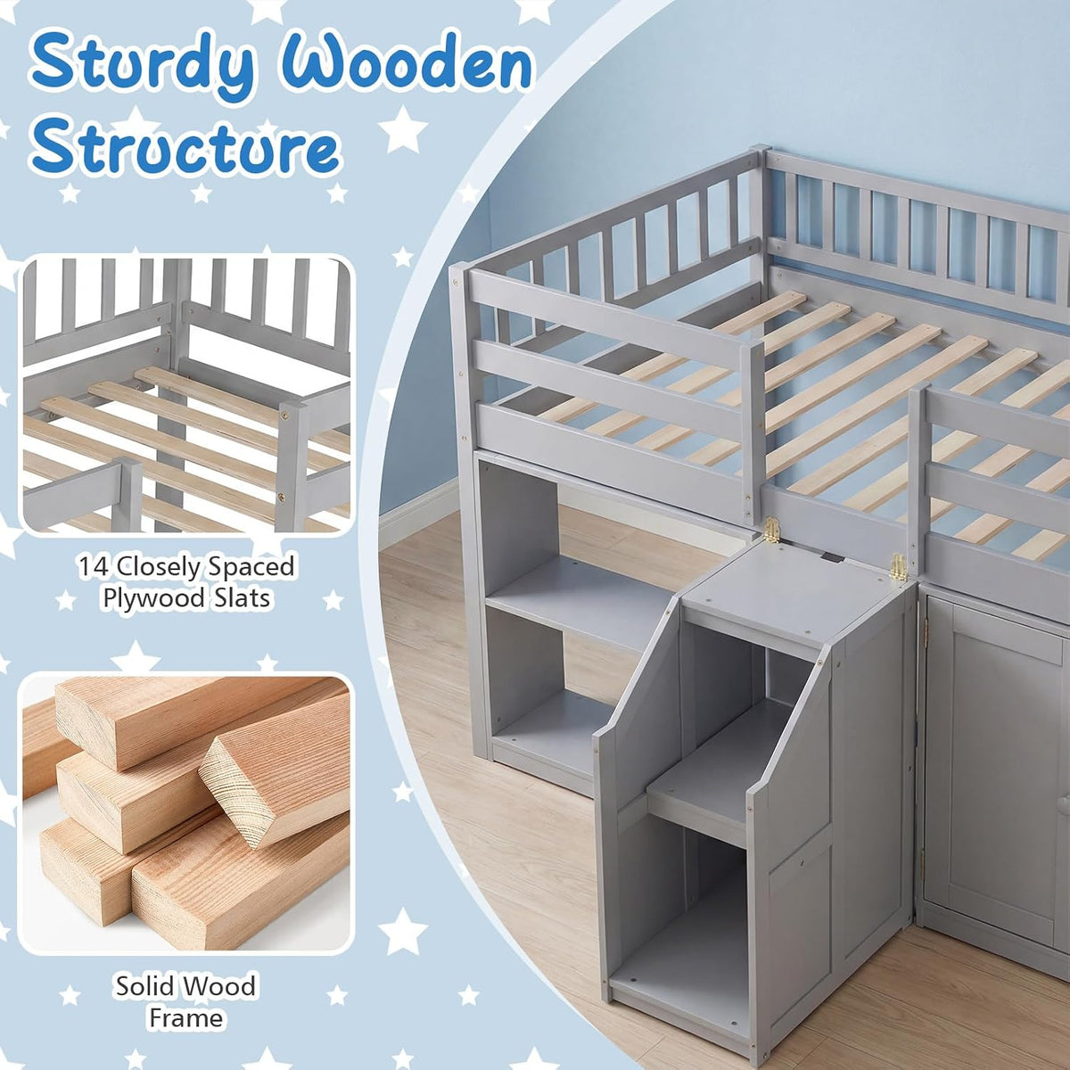 Giantex Low Loft Bed Twin Size with LED Lights, Wooden Bed Frame w/Stairs, Safety Guardrails, Storage Cabinet, Bookshelf & Under-Bed Play Space, Modern Kids Loft Bed for Boys Girls (Grey)