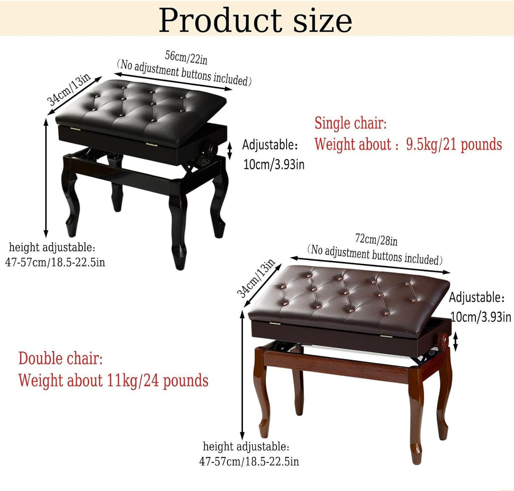 Vanity Stool with Storage, Adjustable Piano Bench, Padded Faux Leather Seat for Bedroom, Piano Practice, Brown, 72Cm Length,Black-Length 56cm*Width 34cm