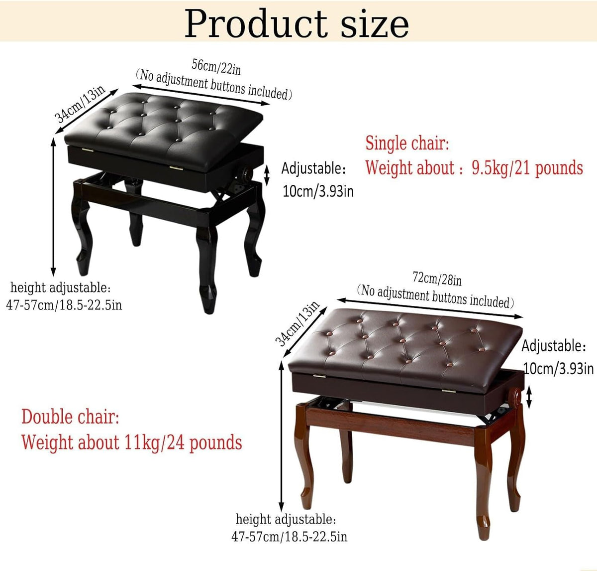 Vanity Stool with Storage, Adjustable Piano Bench, Padded Faux Leather Seat for Bedroom, Piano Practice, Brown, 72Cm Length,Black-Length 56cm*Width 34cm