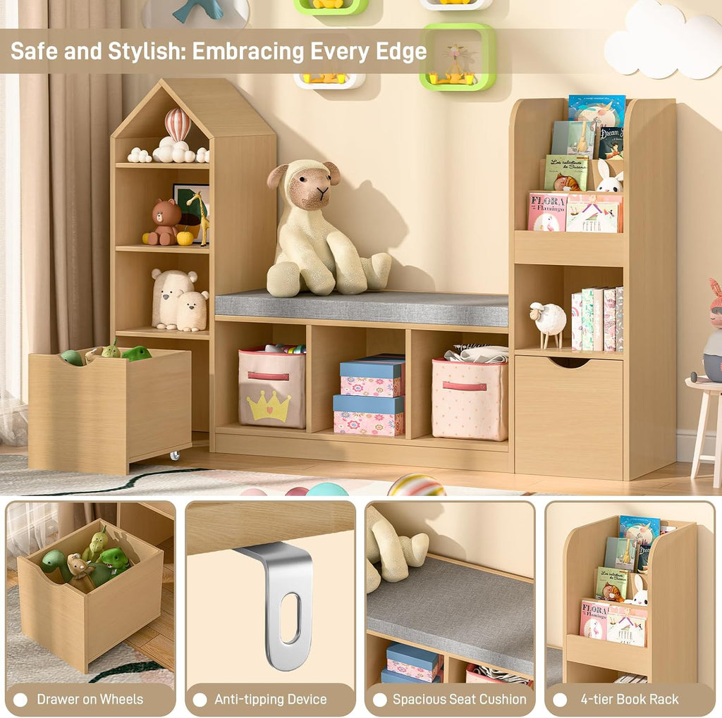 Befrases 55.12''Kids Bookshelf with Reading Nook, Toy Storage Organizer with Seat Cushion and 2 Movable Drawers, Kids Bookcase Toy Organizers with 7 Storage Cubbies, for Playroom, Bedroom, Oak