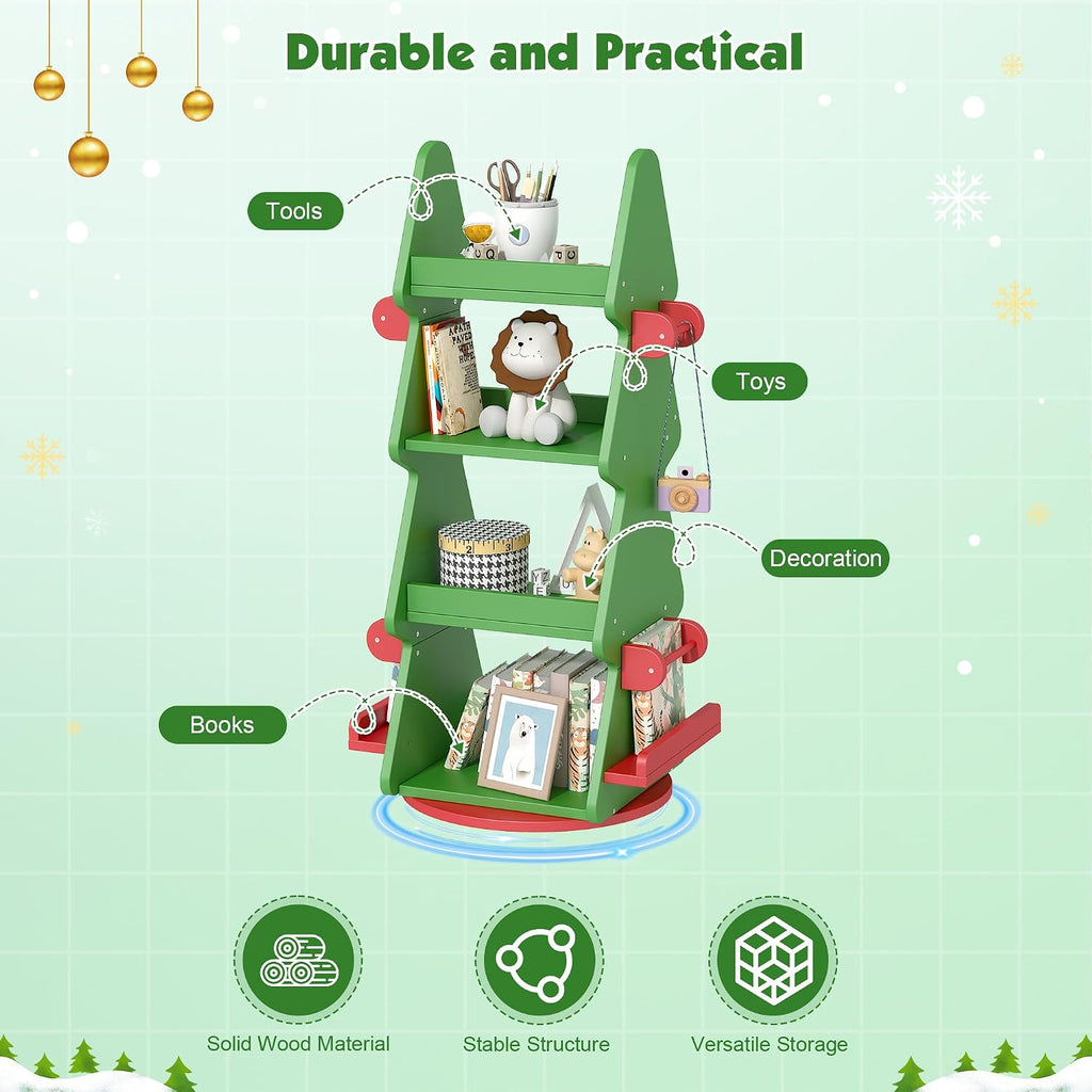 HedoAjim 4-Tier 360° Rotating Kids Bookshelf, Wooden Christmas Tree Bookcase Toy Storage Organizer for Boys & Girls, Nursery, Playroom, Bedroom