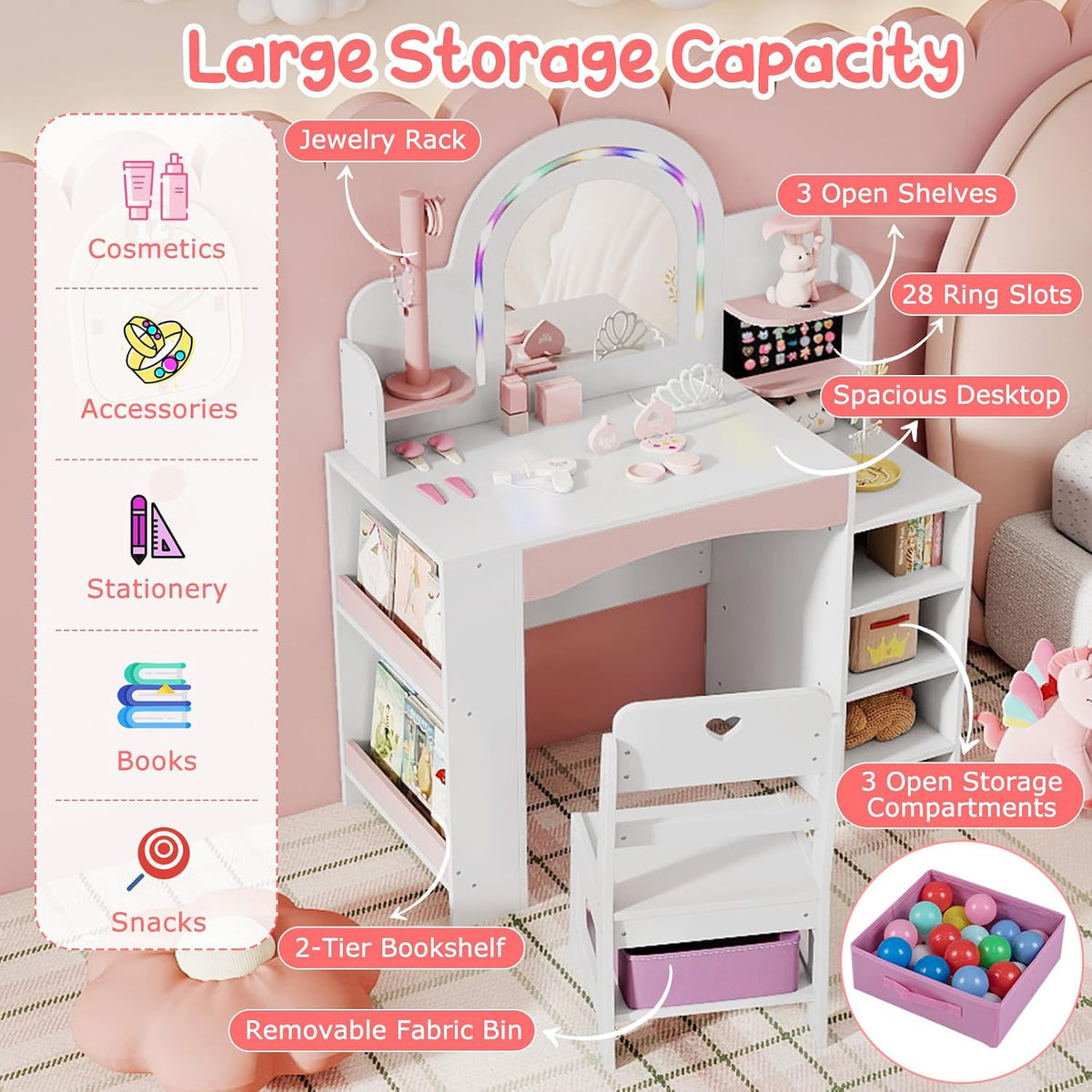 HONEY JOY Kids Vanity, Wooden Girls Vanity Set with Lighted Mirror & Open Bookshelf, Ring Slot & Jewelry Storage, Toddler Makeup Vanity Desk Dressing Table, Kids Vanity Table and Chair Set (White)
