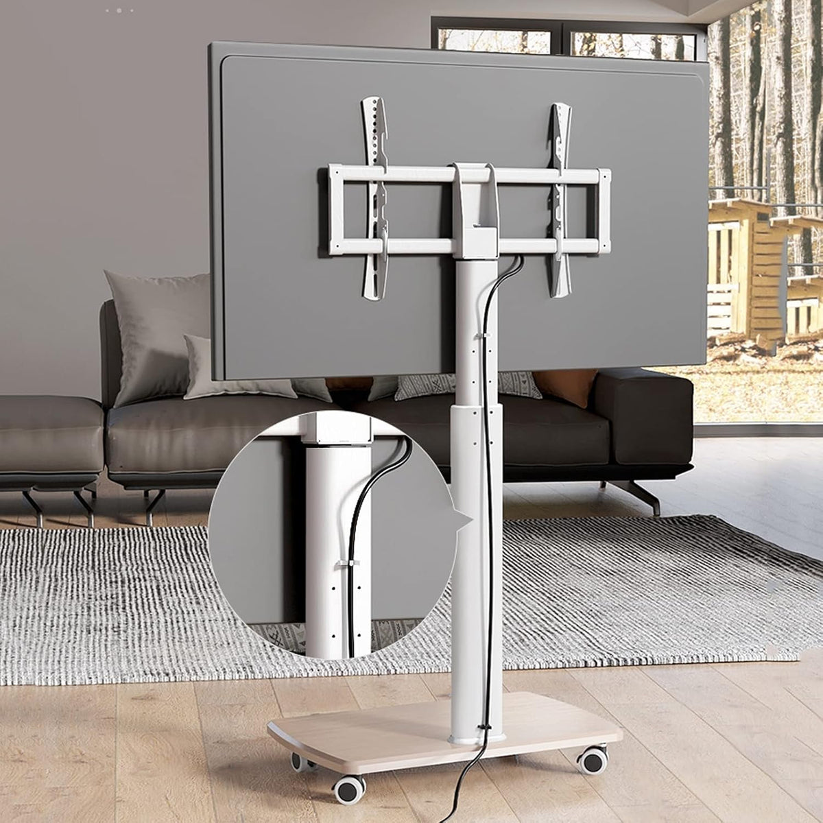 Universal TV Stand Rolling Floor TV Stand with Mount, Mobile TV Cart with Wheels for 37-75 Inch TVs, Sturdy Wooden Base, Height Adjustable Trolley