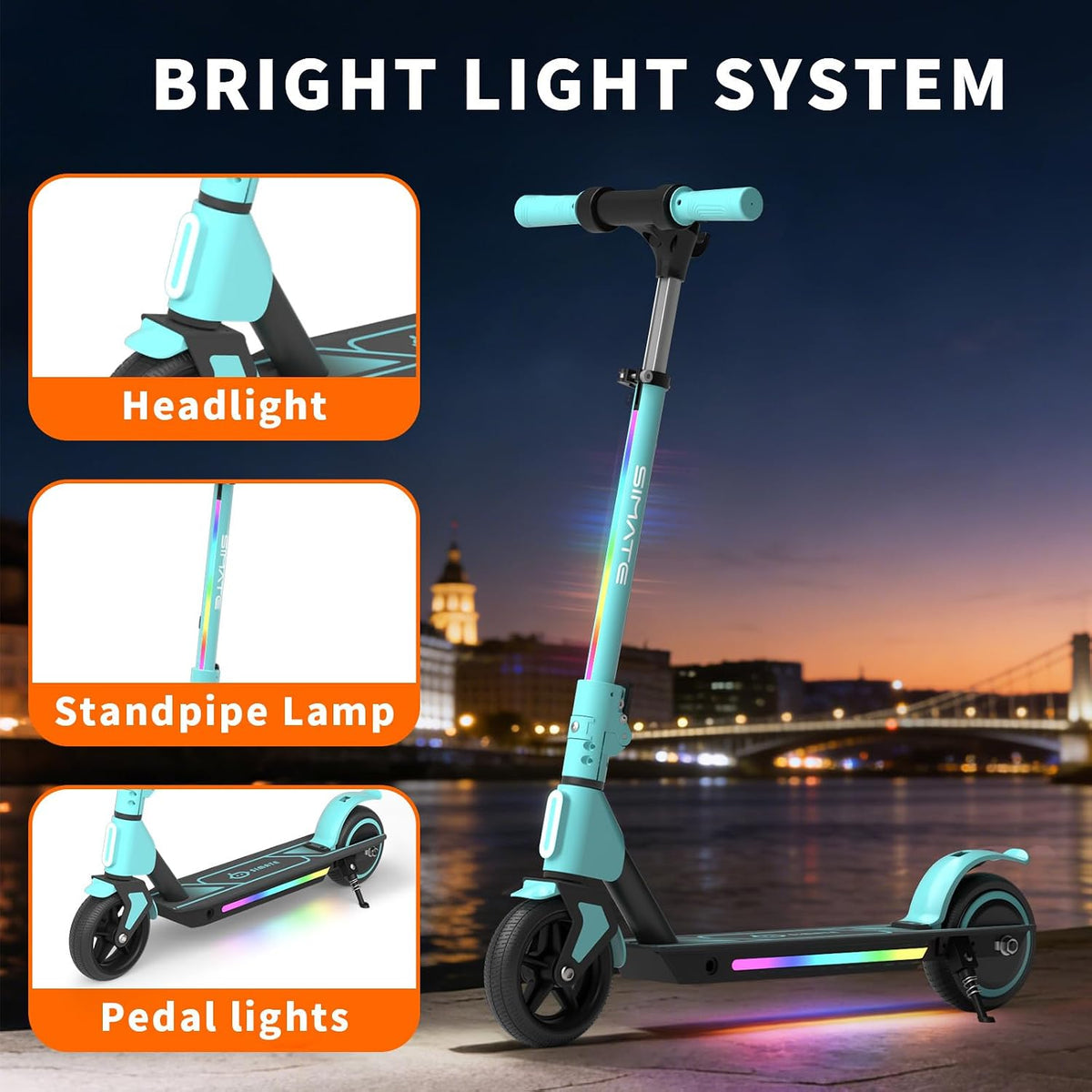 SIMATE Electric Scooter for Kids Ages 6-14, 3 Adjustable Heights 34'/37'/39', LED Display & Colorful Lights, Foldable Kids Electric Scooter, 8.7 MPH Safe Speed, Gifts for Boys Girls
