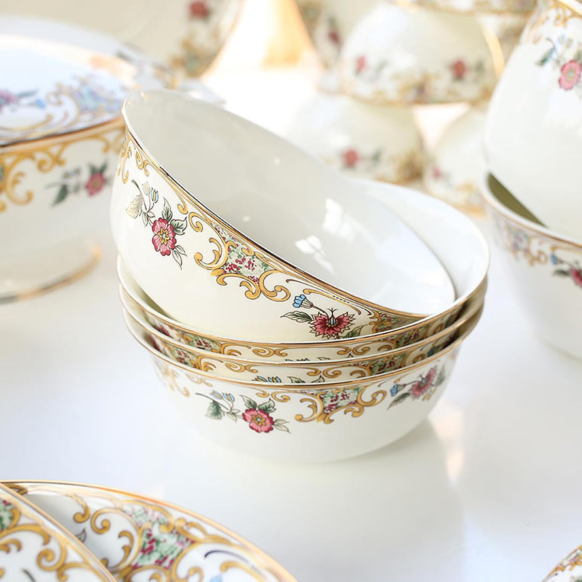 ACMLIFE Bone China Dinnerware Set for 4, 12-Piece Vintage Floral Dinnerware Set, Kitchen Plates and Bowls Set, Christmas Gifts for Women (White)
