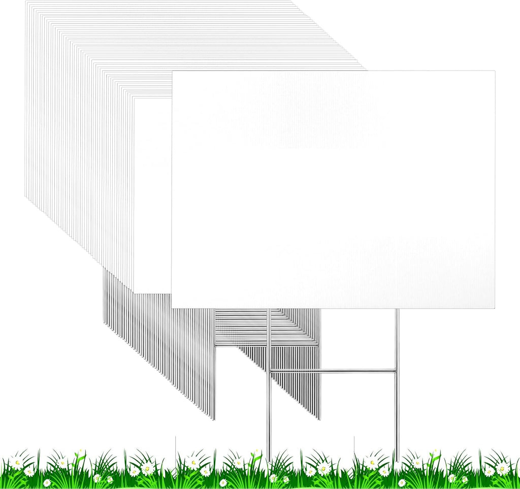 52 Pcs 18 x 24 Inches Large Blank Yard Signs White Corrugated Plastic Kit with 52 Metal H Stakes 10 x 16 Inches and 52 Lawn Signs for Garage Rent Business Campaign