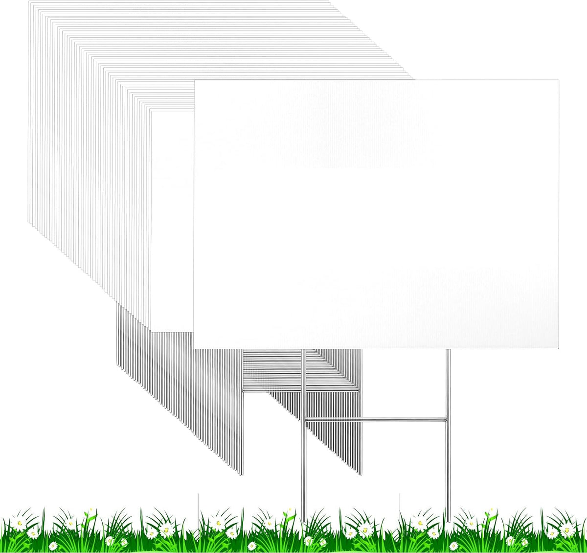 52 Pcs 18 x 24 Inches Large Blank Yard Signs White Corrugated Plastic Kit with 52 Metal H Stakes 10 x 16 Inches and 52 Lawn Signs for Garage Rent Business Campaign