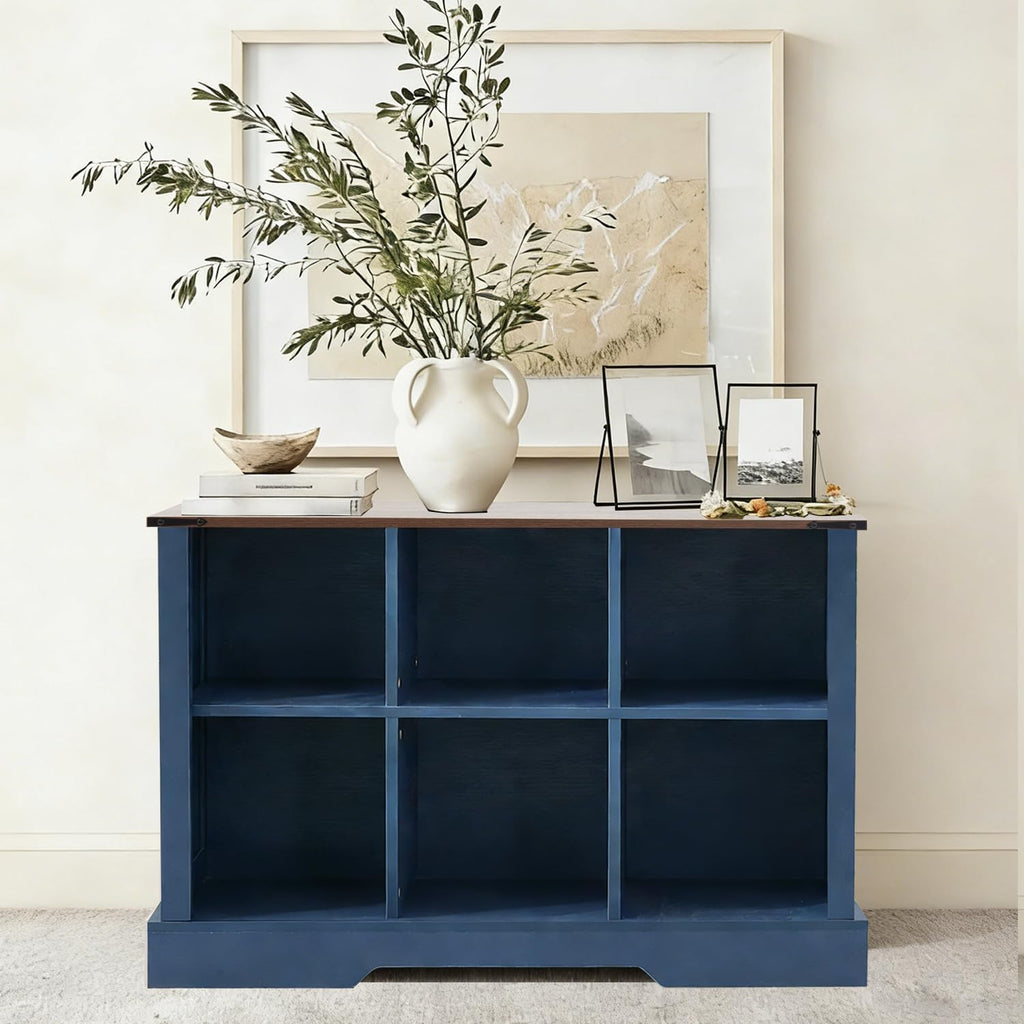 6 Cube Storage Organizer, 2 Tier Book Shelf with Led Lights, Farmhouse Book Shelves for Living Room, Horizontal Toy Storage Bookshelf, Wood Display Bookcase Cabinet for Bedroom, Office, Blue
