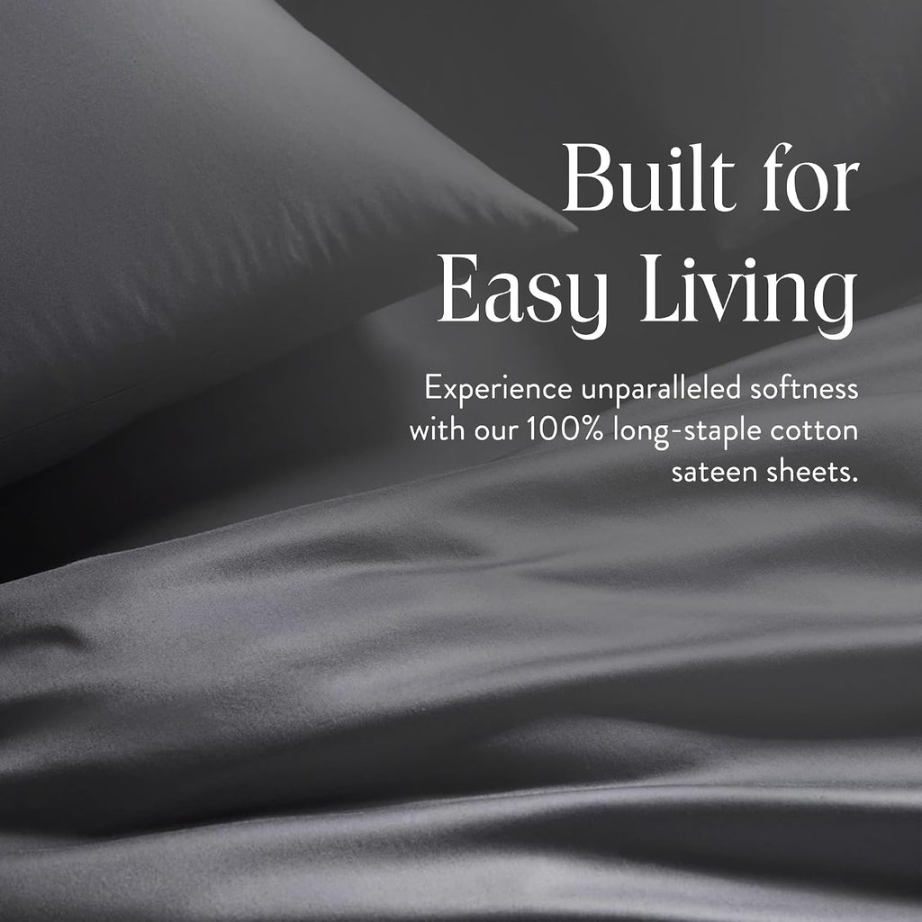 Brooklinen Luxury Sateen 4 Piece Sheet Set - 100% Cotton Bed Sheets, Soft & Durable King Size Sheets Set in Slate Grey, Oeko-TEX Certified Bedding Set, 1 Fitted Sheet, 1 Flat Sheet, 2 Pillowcases