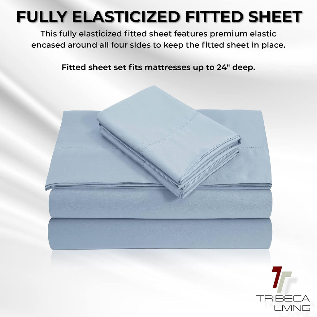 Tribeca Living 100% Egyptian Cotton Sheets 800 Thread Count - Extra Deep Pocket Fitted Sheet Fits Mattresses up to 24 Inches - Silky Sateen 4-Piece Set - Queen, Blue