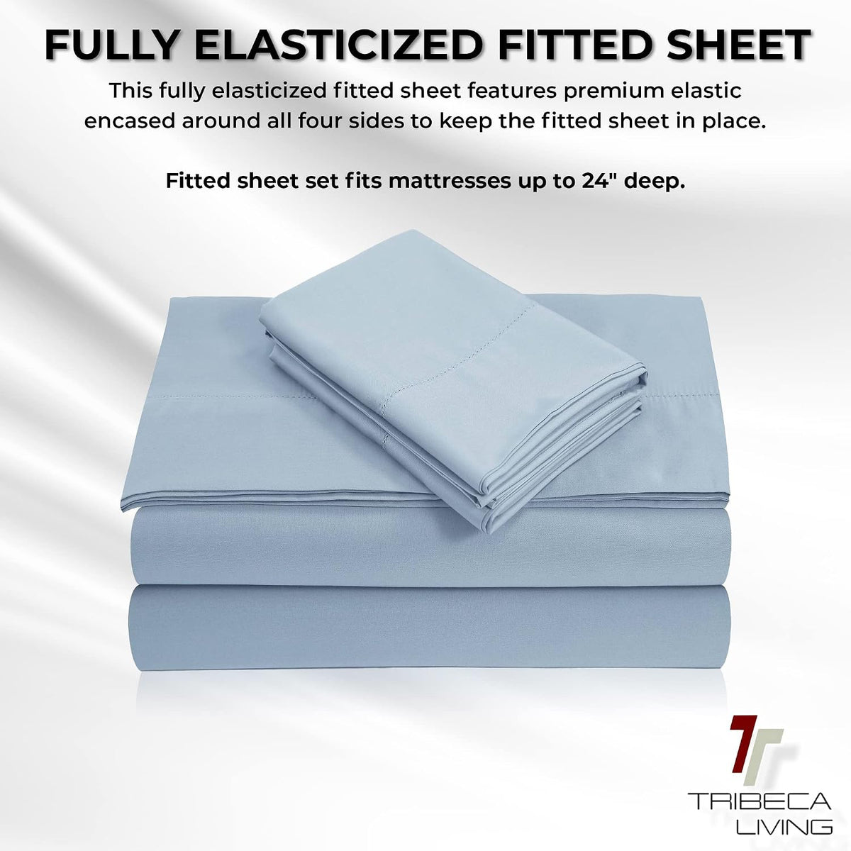Tribeca Living 100% Egyptian Cotton Sheets 800 Thread Count - Extra Deep Pocket Fitted Sheet Fits Mattresses up to 24 Inches - Silky Sateen 4-Piece Set - Queen, Blue