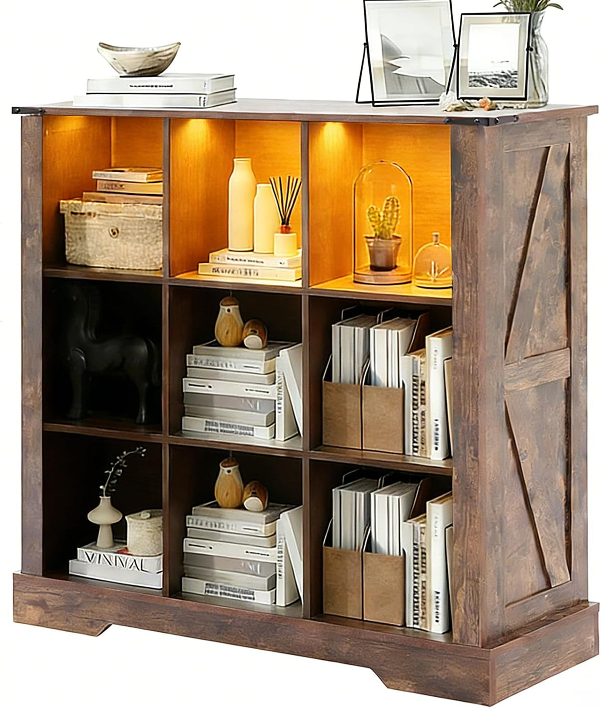 9 Cube Storage Organizer, 3 Tier Book Shelf with Led Lights, Farmhouse Book Shelves for Living Room, Horizontal Toy Storage Bookshelf, Wood Display Bookcase Cabinet for Bedroom, Office, Brown