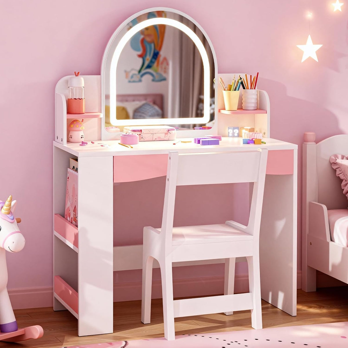 Teckid Kids Vanity Table and Chair Set with Lights, Toddler Vanity Desk for Girls, Princess Makeup Vanity for Kids with Storage Shelves, Open Bookshelf and Stools, White