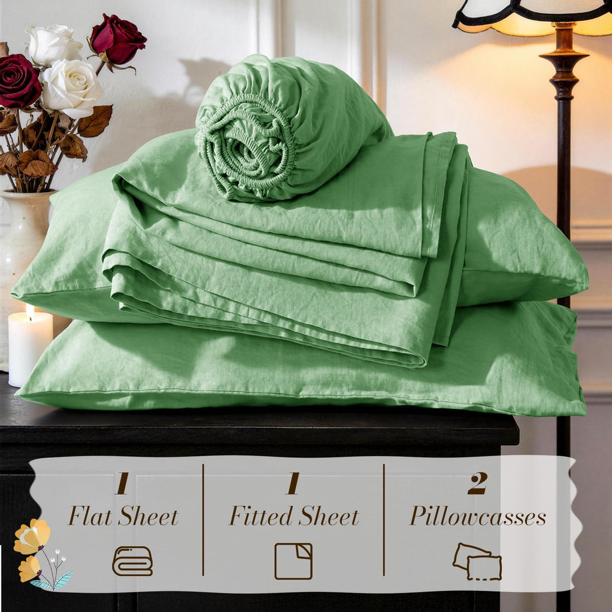 SONORO KATE 100% French Pure Linen Sheets, Breathable and Durable Linen King Size Sheets, Anti-Tear Linen Bed Sheets, Machine Washable, 16 Inch Deep Pocket - 4 Piece (Green, King)