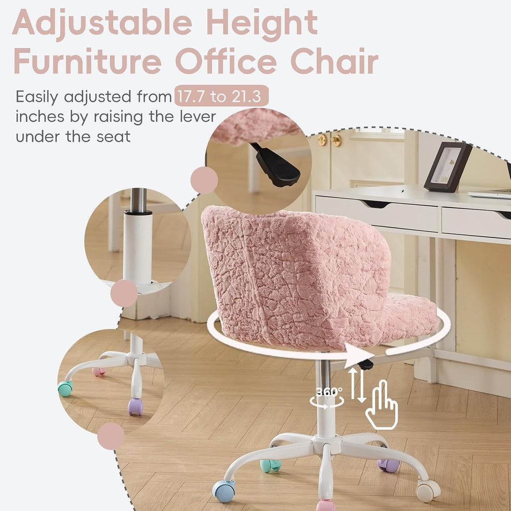 Faux Fur Vanity Desk Chair with White Metal Base – Adjustable Swivel Rolling Office Chair with Wheels, Comfy Makeup Chair for Bedroom, Study, Girls' Room, Home Office & Task Use, Baby Pink