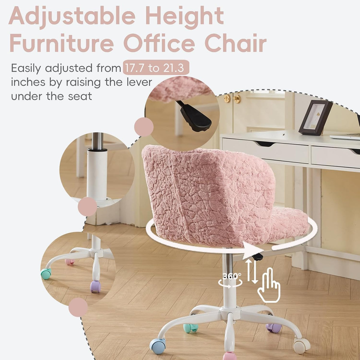 Faux Fur Vanity Desk Chair with White Metal Base – Adjustable Swivel Rolling Office Chair with Wheels, Comfy Makeup Chair for Bedroom, Study, Girls' Room, Home Office & Task Use, Baby Pink