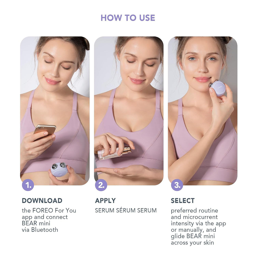 FOREO Firm & Fabulous BEAR mini + Serum Serum Serum 1 Oz Anti aging Starter Kit- Microcurrent Facial Device- Instant Face Lift- Double Chin Eliminator- Facial Skin Care Products- Gift Set- Lavender