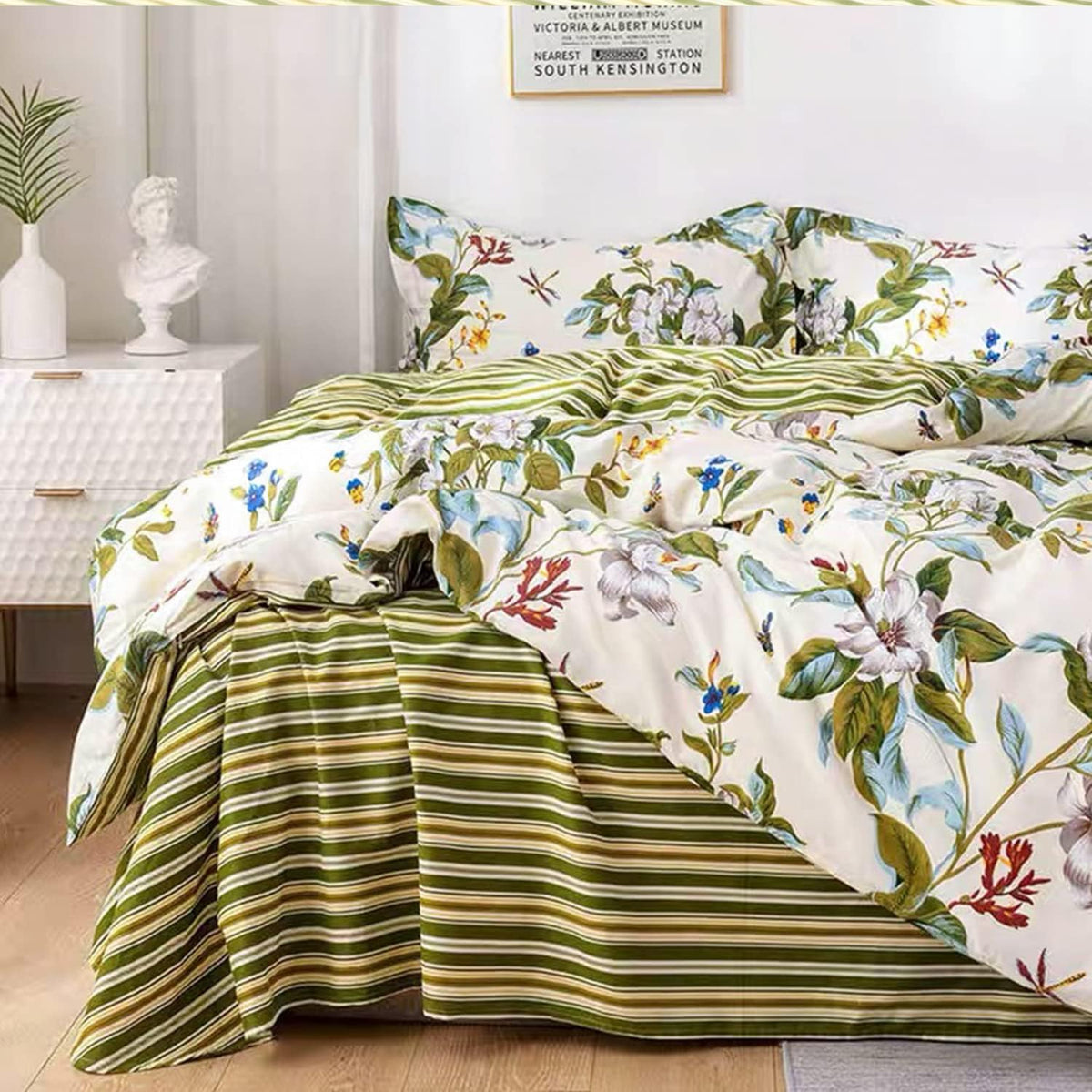 FADFAY Shabby Floral Bedding Set California King 7Pcs 100% Cotton Green Cream Flower Bed Sheets with Duvet Cover Set, Complete Bedding Bed in a Bag Vintage Countryside Soft Deep Pocket Fitted Sheets