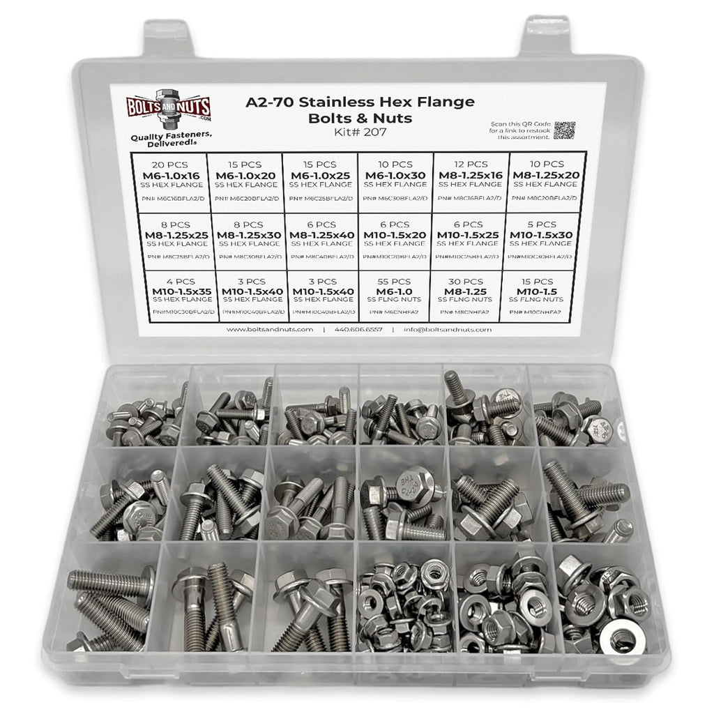 A2-70 Metric Stainless Steel Hex Flange Screws Bolts Nuts Assortment Kit - 232 Pcs!